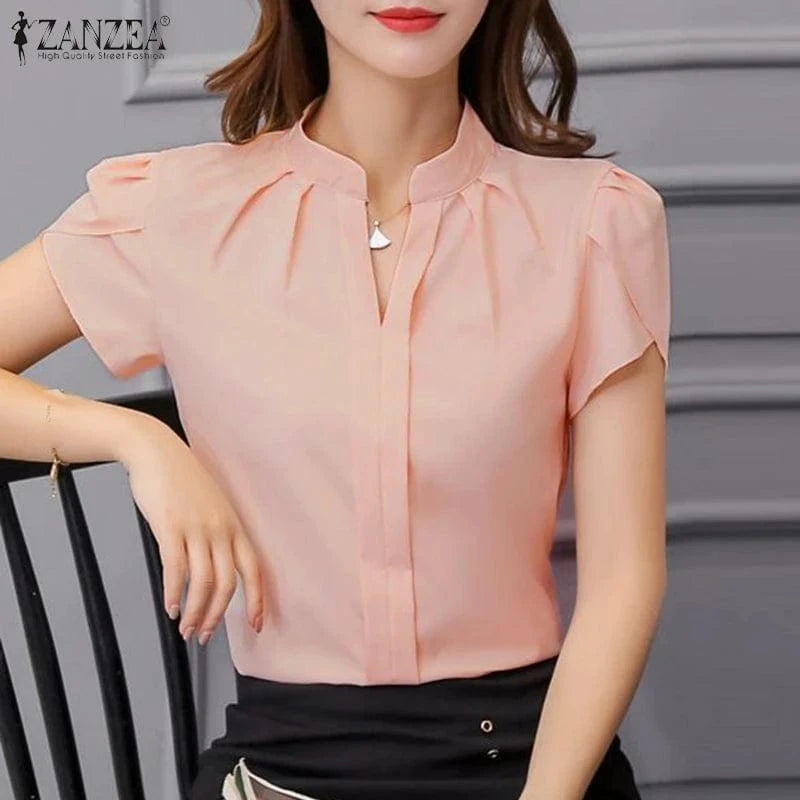Pink / XXL ZANZEA Formal Office V-neck Blusas Women Chiffon Blouses Elegant Ruffles Short Sleeve Tops 2024 Summer Solid Pleating Shirts
