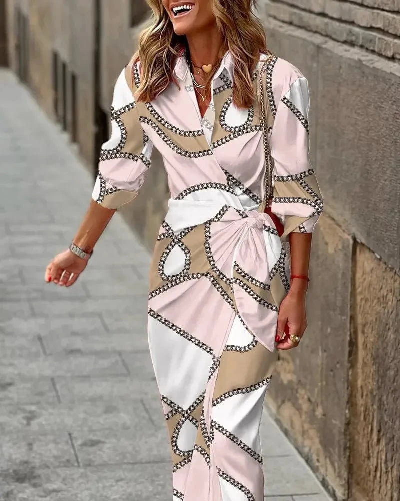 Pink / XXXL New Women's Spring Summer Printed Long Sleeve Lapel Casual Shirt Dress Ladies Single-breasted Cardigan Irregular Dress