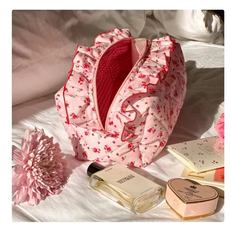 pink YY Handmade Makeup Bag Frilly Pink Floral Bow Pattern With Pink Gingham Lining Quilted Toiletry Travel cosmetic Skincare Bag.