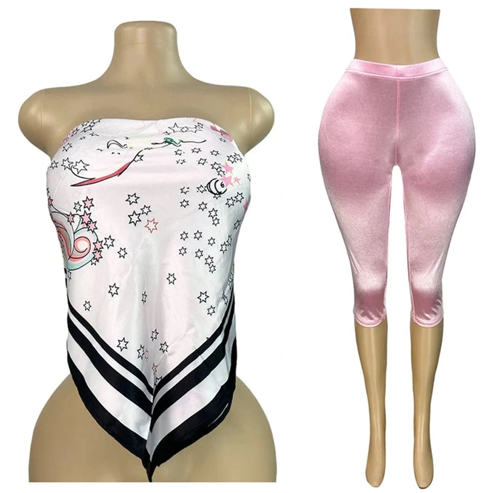 Pink1 / L 2025 Summer 2 Piece Set Woman Outfits Backless Print Scarf Tops and Shorts Suits Streetwear Sexy Club Two Piece Matching Sets