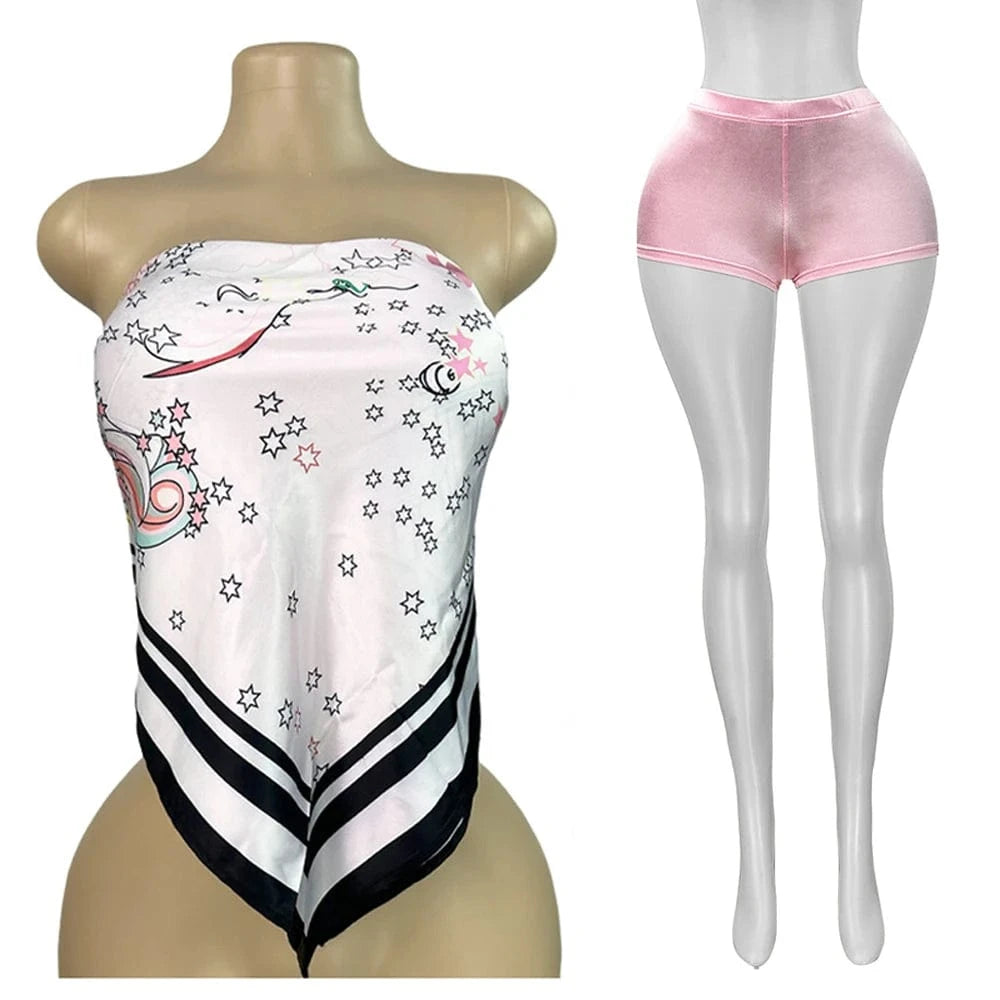 Pink2 / M 2025 Summer 2 Piece Set Woman Outfits Backless Print Scarf Tops and Shorts Suits Streetwear Sexy Club Two Piece Matching Sets