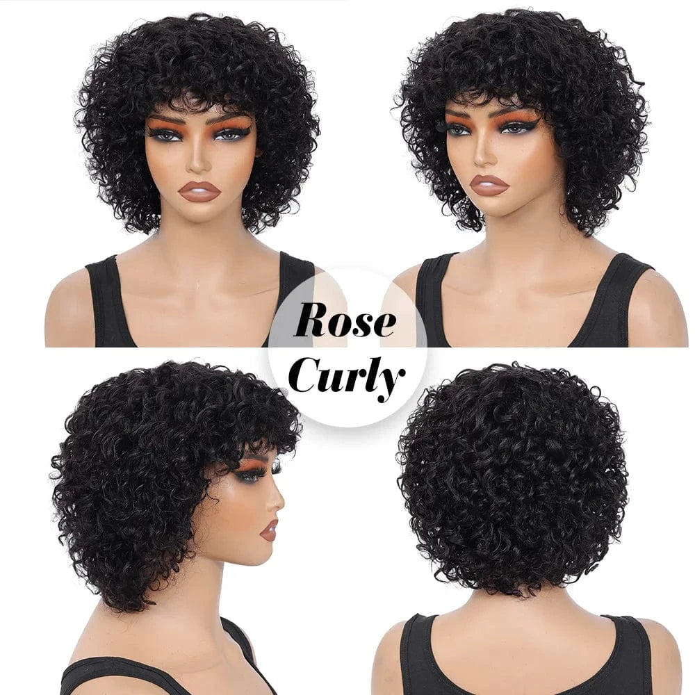 Pixie Cut Human Hair Wigs For Black Women Afro Rose Curly Funmi Glueless Wigs with Bangs Short Bouncy Curly Bob Wig With Bang