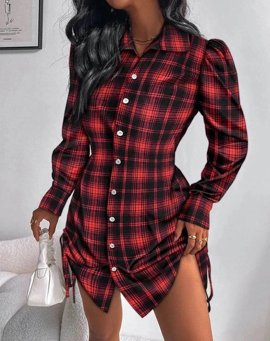 Plaid Print Button Down Shirt Dress Back Shirred Roll Tab Sleeve Side Drawstring Mini Dresses