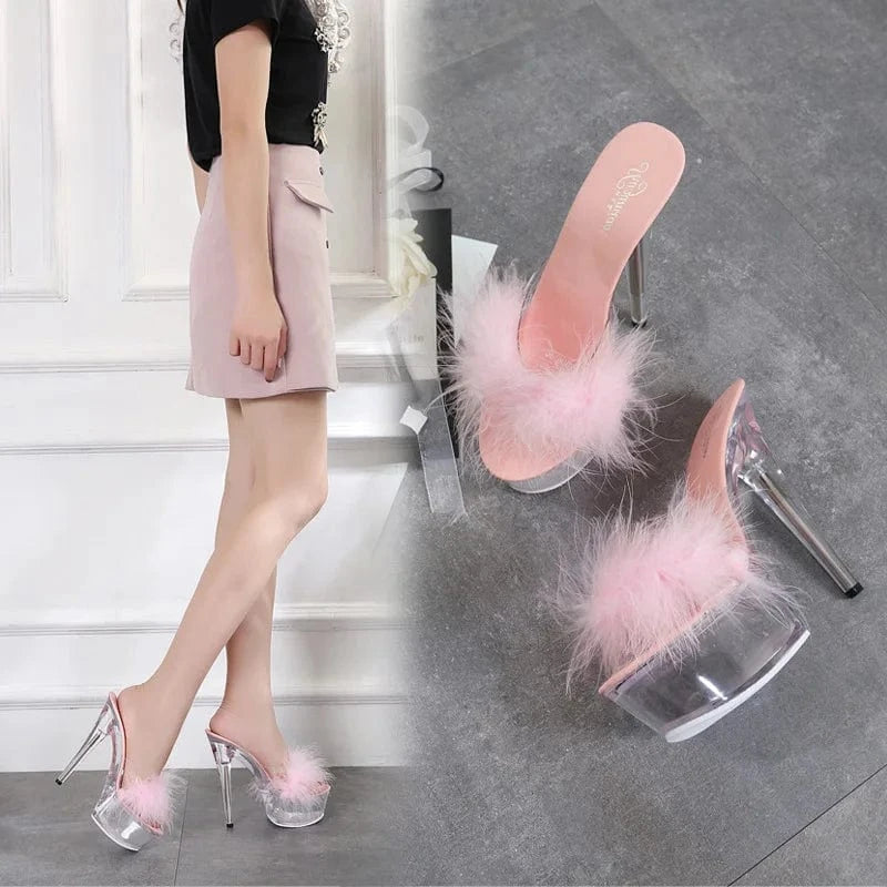 Platform Sandale Femme Glass Bottom Open Toe Furry High Heel Shoes Mules Slippers for Women