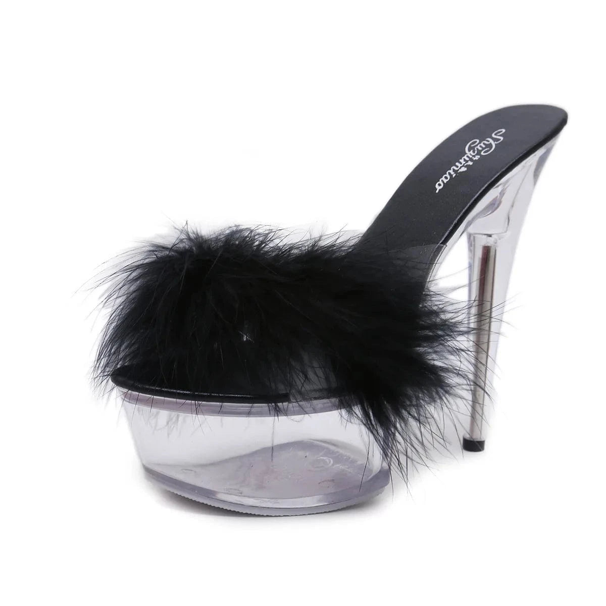 Platform Sandale Femme Glass Bottom Open Toe Furry High Heel Shoes Mules Slippers for Women