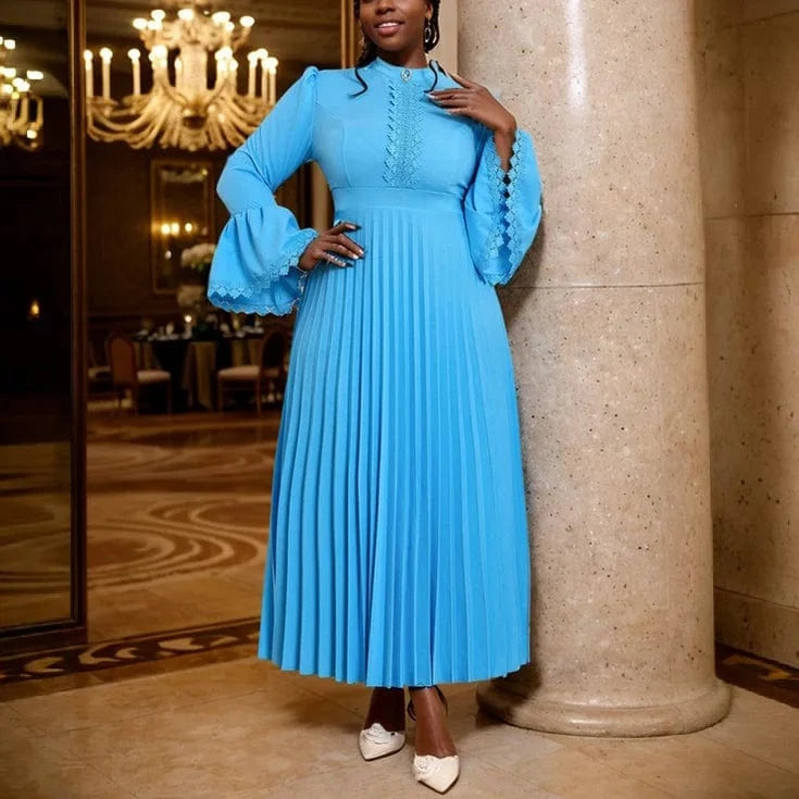 Pleated Dress / S Luxury Blue Dresses for Woman Pleated Flare Sleeve Lace Patchwork Ankle Length Elegant High Quality Female Birthday Party Dress
