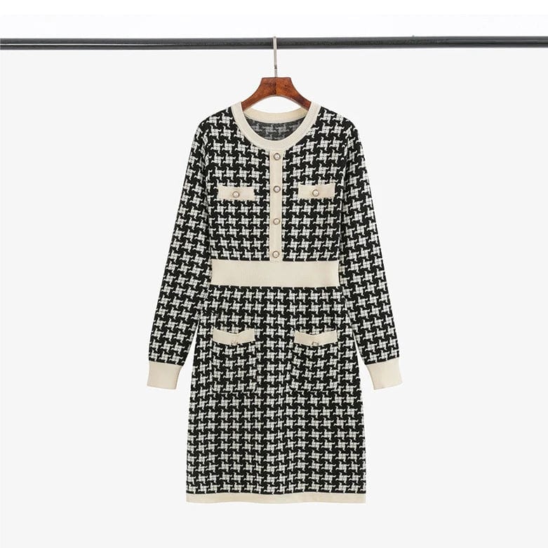 Plus Size / 1 2024 Spring new arrival lady crew neck long sleeve sweater dress elegant style cable knit plaid dress