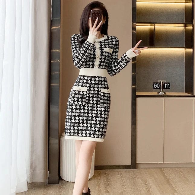 Plus Size / 1 2024 Spring new arrival lady crew neck long sleeve sweater dress elegant style cable knit plaid dress