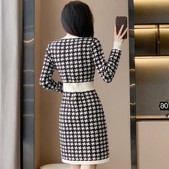 Plus Size / 1 2024 Spring new arrival lady crew neck long sleeve sweater dress elegant style cable knit plaid dress