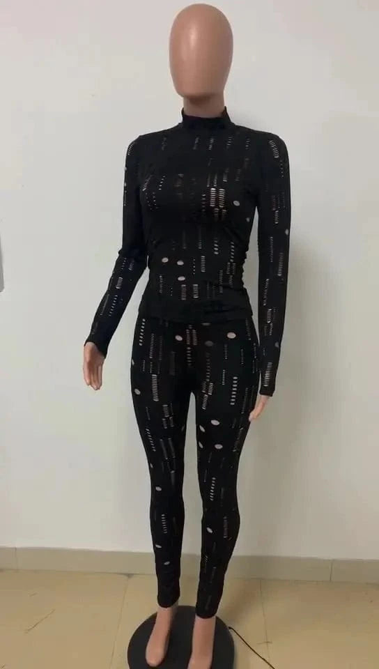 Plus Size 2 Piece Set Women Clothing Hole Sexy Clubbing Outfits Long Sleeve Top Trousers Female Tracksuit Two Piece Pants Set