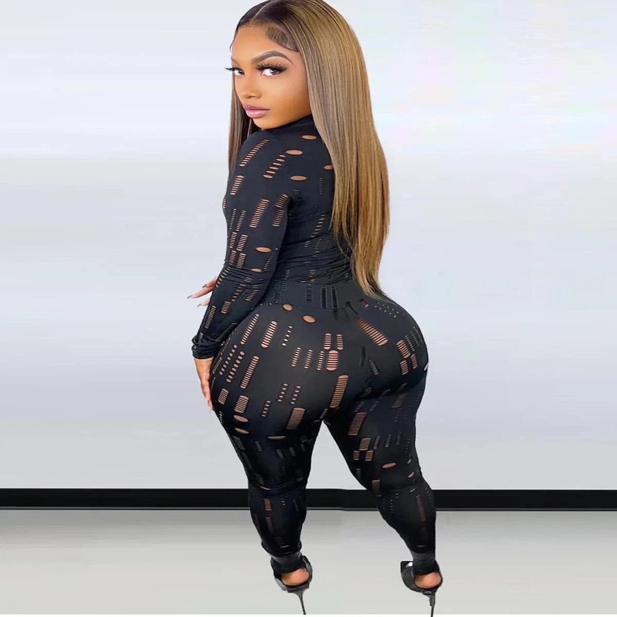 Plus Size 2 Piece Set Women Clothing Hole Sexy Clubbing Outfits Long Sleeve Top Trousers Female Tracksuit Two Piece Pants Set