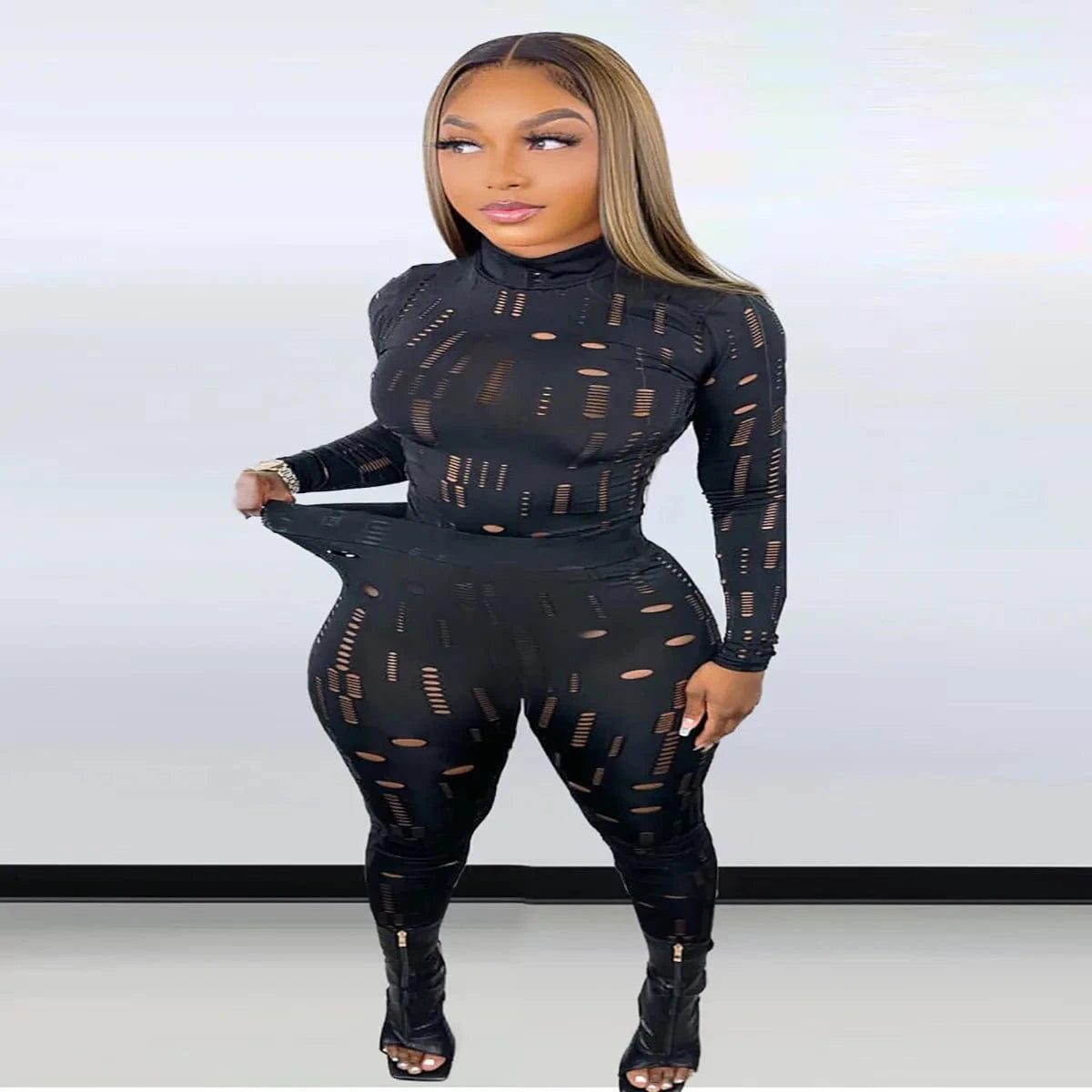 Plus Size 2 Piece Set Women Clothing Hole Sexy Clubbing Outfits Long Sleeve Top Trousers Female Tracksuit Two Piece Pants Set