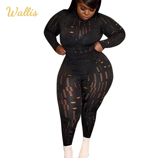 Plus Size 2 Piece Set Women Clothing Hole Sexy Clubbing Outfits Long Sleeve Top Trousers Female Tracksuit Two Piece Pants Set