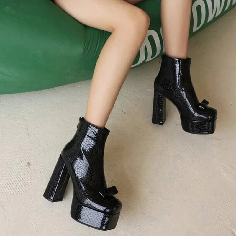 Plus Size 48 Snake Prints Women Block Heels Short Boots Bow-knot Square Toe Spring Autumn High-Heeled Pumps Wide Fit Shoes