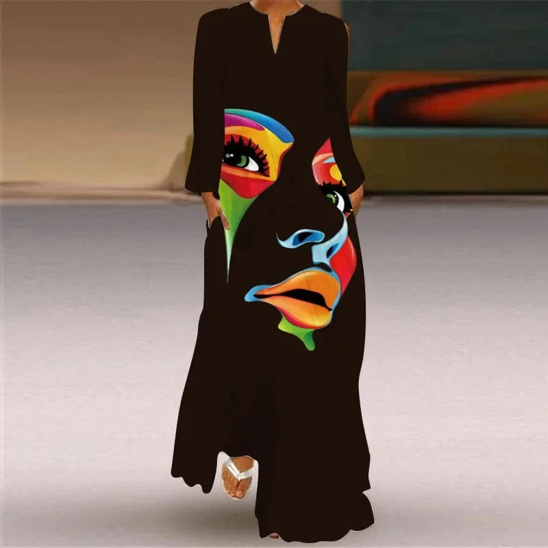 Plus Size 5XL NEW arrivals 2024 Human Face Printed Ladies Elegant Party Retro Long Dress Summer Fashion Casual African Dresses
