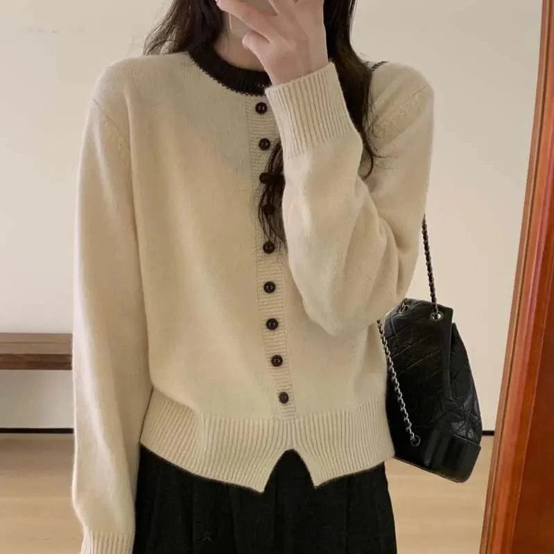 Plus Size / Beige 2024 autumn best-selling new arrival crew-neck solid color button design loose long-sleeved fashion women's knitted sweater