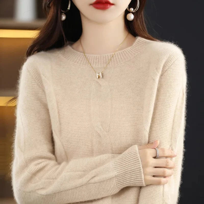 Plus Size / Beige 2024 Autumn/Winter high-quality best-selling fashion women's solid color crew-neck long-sleeved loose knit pullover sweater