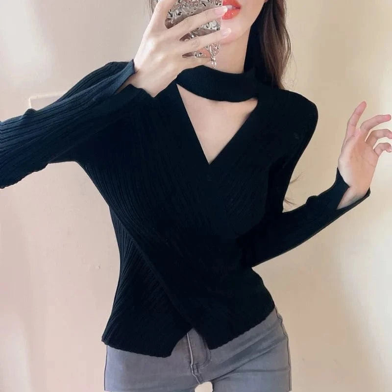 Plus Size / Black 2023 autumn new arrival fashion high-quality slim-fit women's semi-high crewneck solid color halters knit base sweater