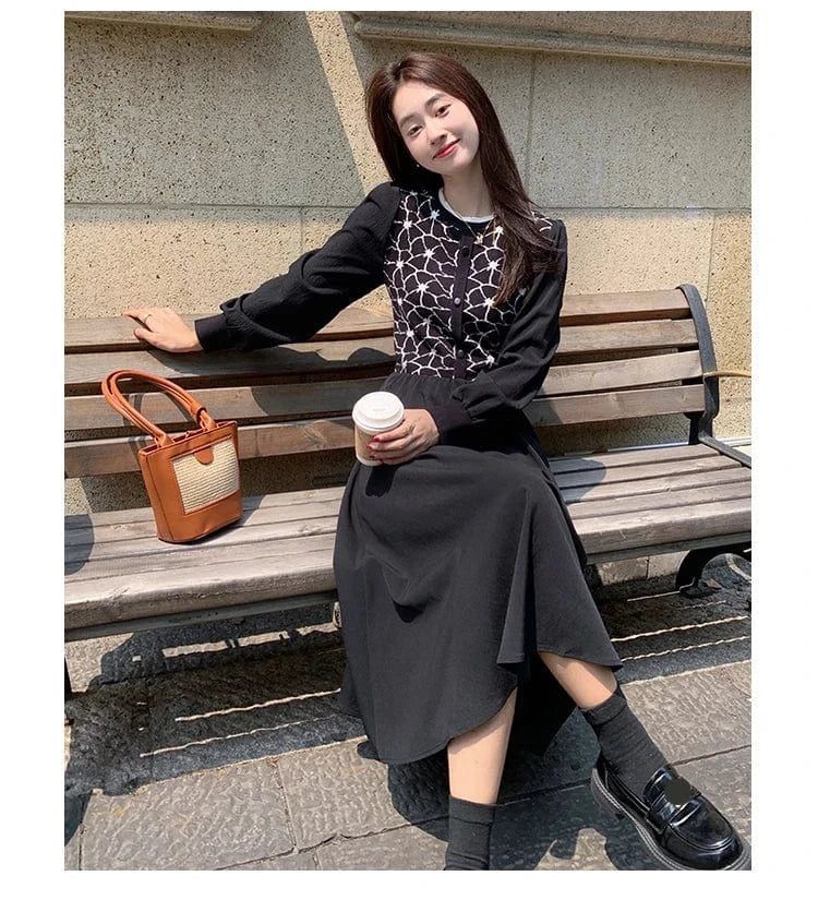 Plus Size / Black 2024 Autumn new arrival women floral v-neck elevated belted waist knitted dress