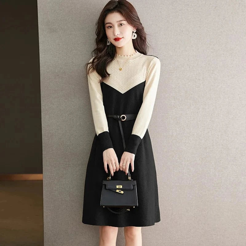Plus Size / Black 2024 Autumn new arrival women solid color crew neck belted waist knitted dress