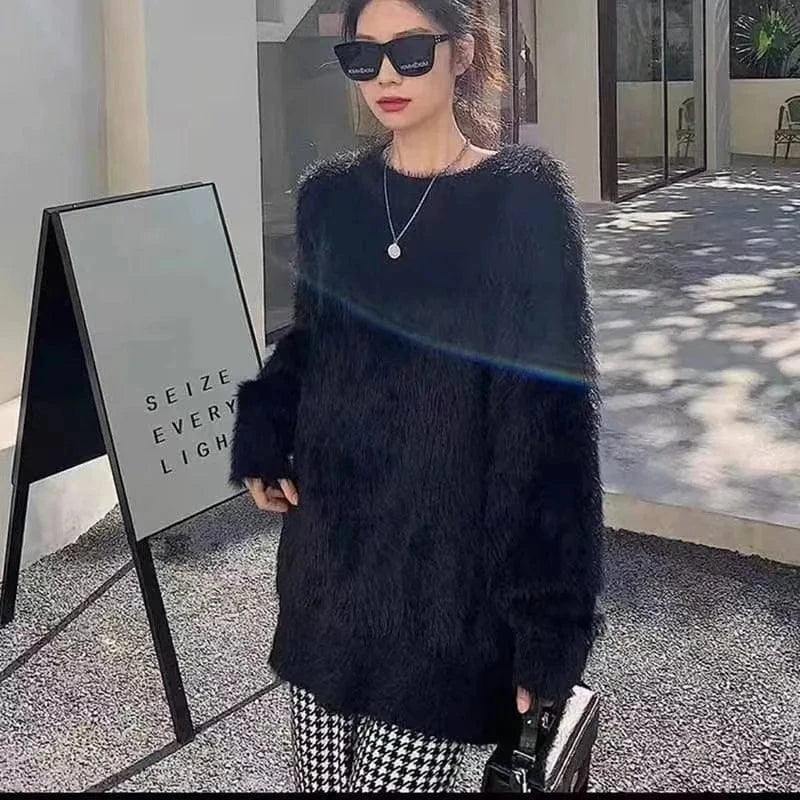 Plus Size / Black 2024 Autumn/Winter high quality round neck long sleeve loose thick fashion women's plush knit pullover sweater