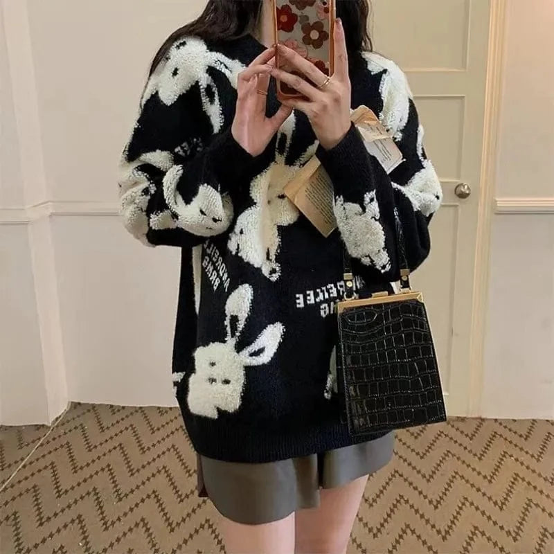 Plus Size / Black 2024 Fall Fashion ladies high quality best-selling crew-neck long sleeve cartoon cute rabbit print knitted Christmas sweater