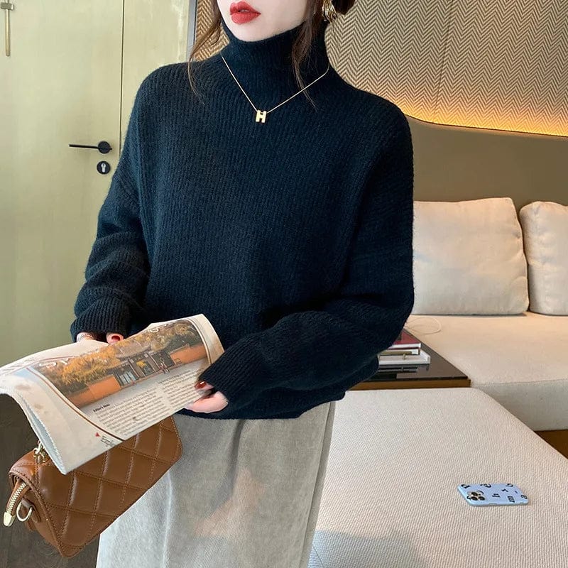 Plus Size / Black 2024 spring high-quality fashion women best-selling solid color long-sleeved turtleneck loose pullover sweater