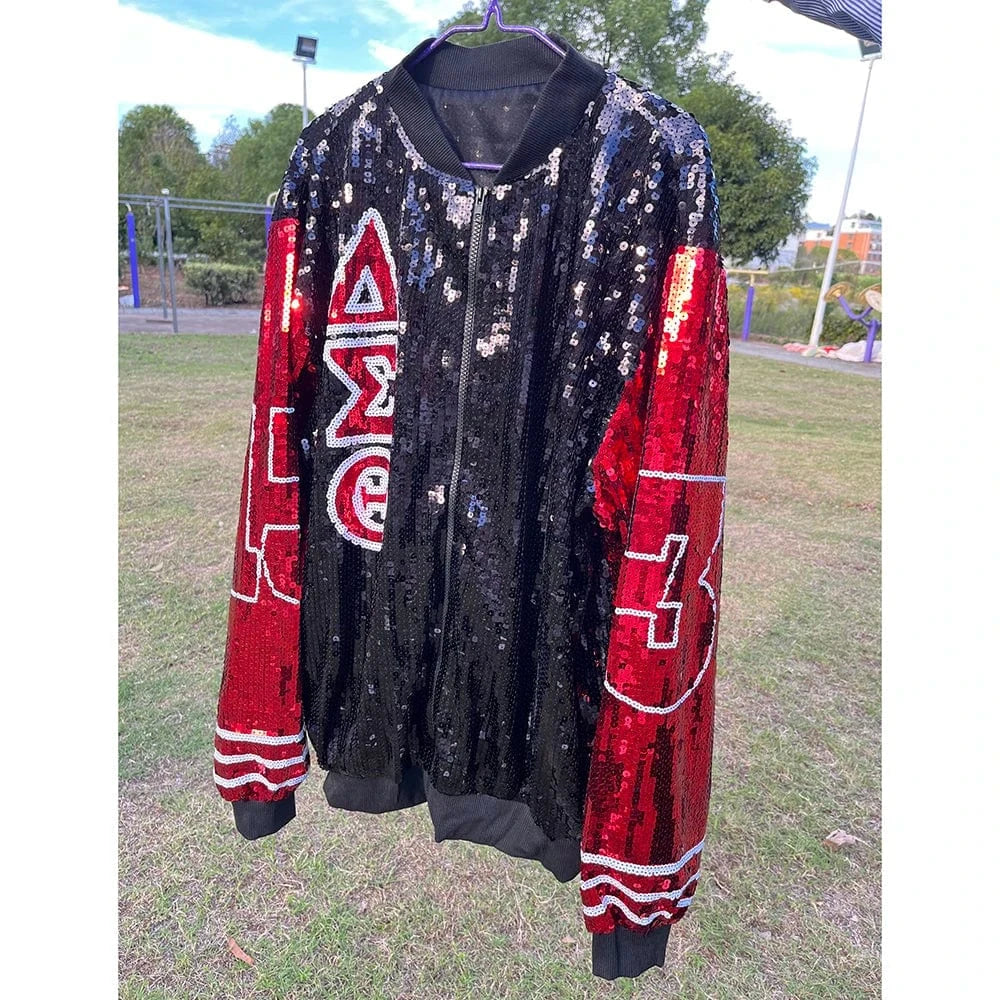 Plus Size / Black Plus Size Black Sequin Red DST Greek Sorority Sequin Jackets Baseball jackets