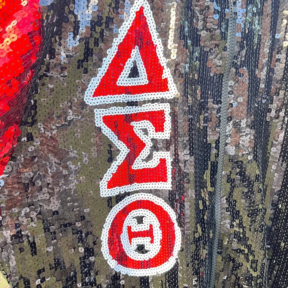 Plus Size / Black Plus Size Black Sequin Red DST Greek Sorority Sequin Jackets Baseball jackets