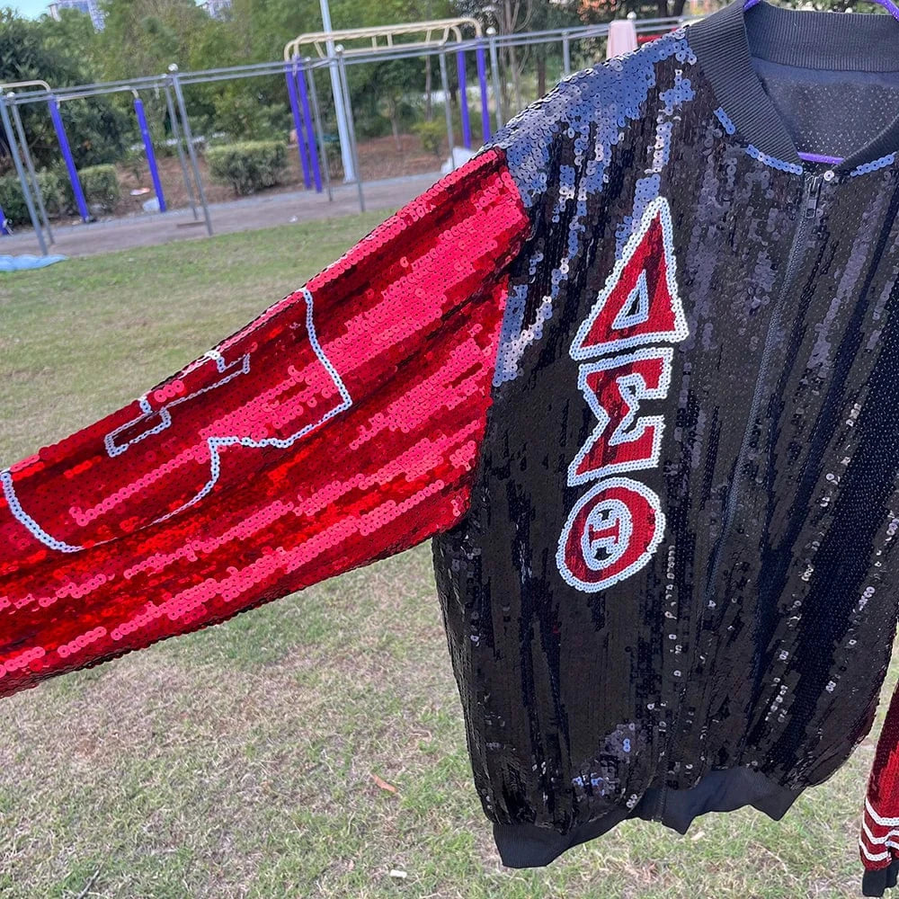 Plus Size / Black Plus Size Black Sequin Red DST Greek Sorority Sequin Jackets Baseball jackets