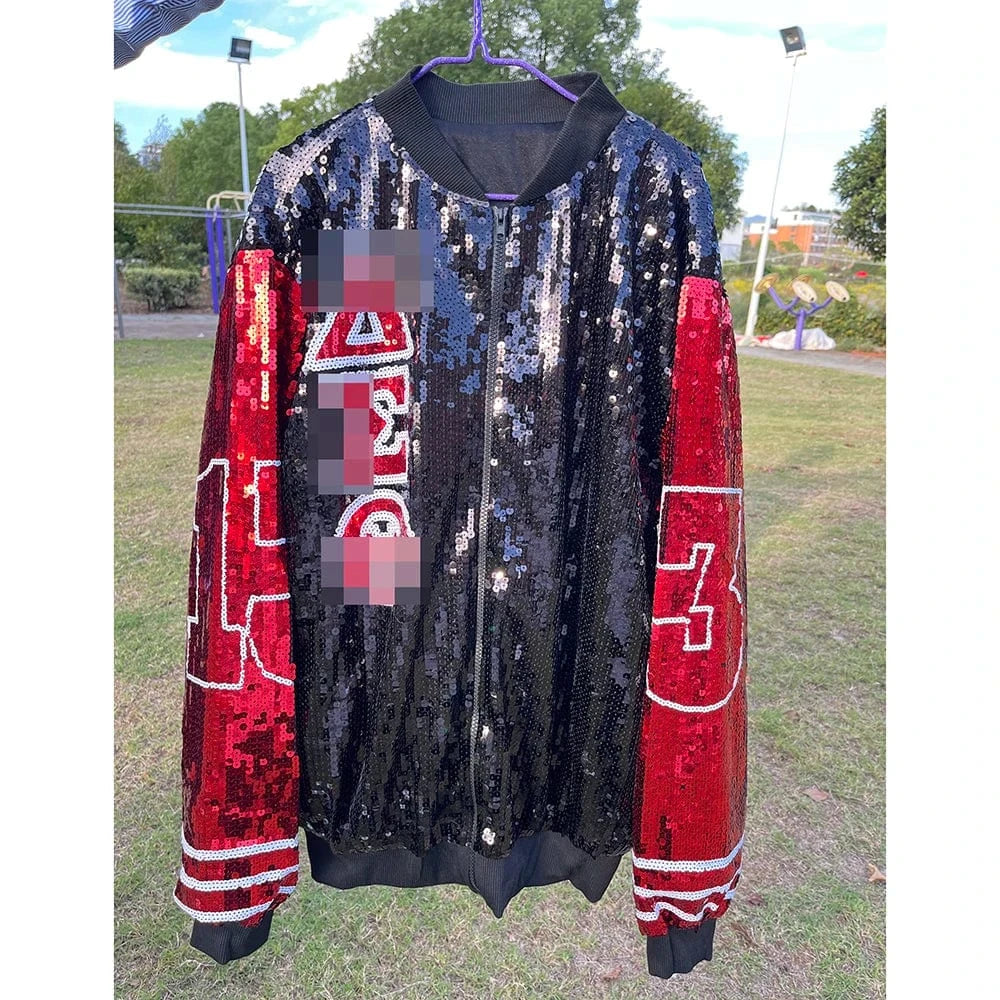 Plus Size / Black Plus Size Black Sequin Red DST Greek Sorority Sequin Jackets Baseball jackets