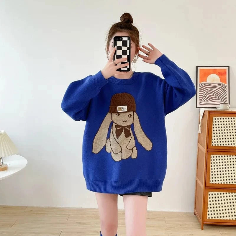 Plus Size / Blue 2023 Autumn New Arrival Fashionable Women New Arrival Crew Neck Long Sleeve Oversize Cartoon Rabbit Print Pullover Sweater