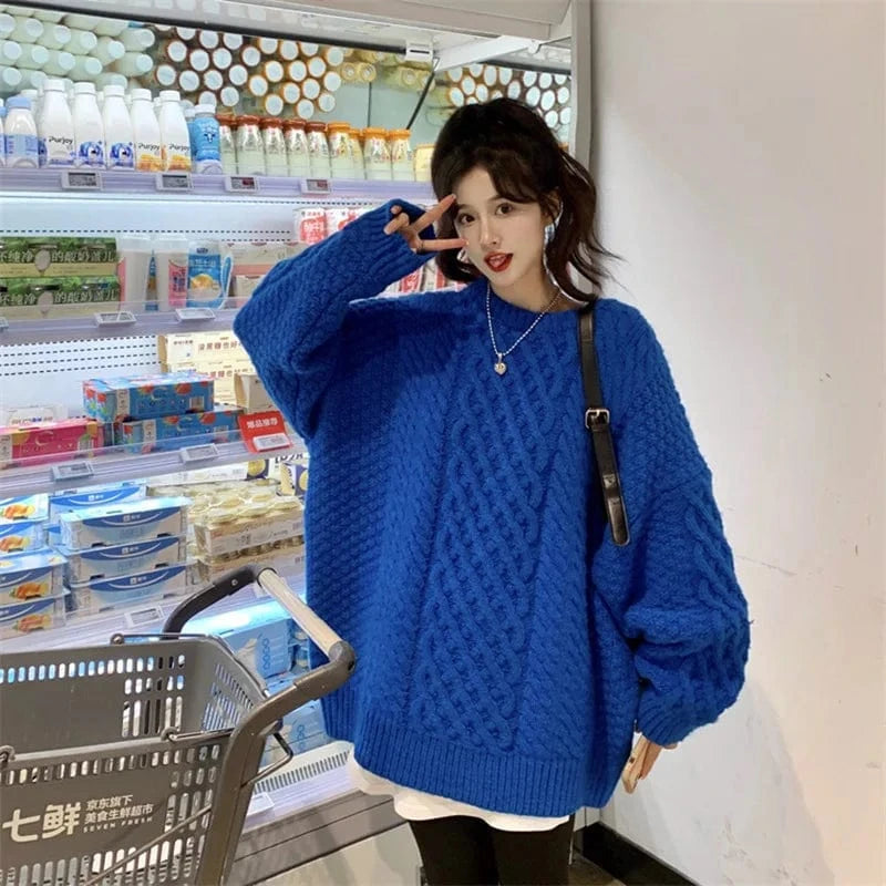 Plus Size / Blue 2024 autumn high-quality fashion women's best-selling solid color long-sleeved crewneck loose pullover sweater