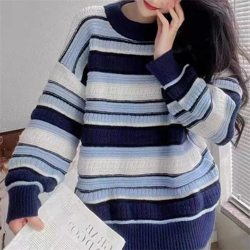 Plus Size / Blue 2024 autumn new arrival high-quality fashion women's crewneck long sleeve striped loose large size pullover sweater