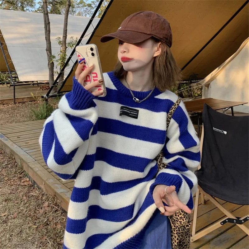 Plus Size / Blue 2024 Spring New arrival fashionable women Crew neck Plus size stripe loose knitwear