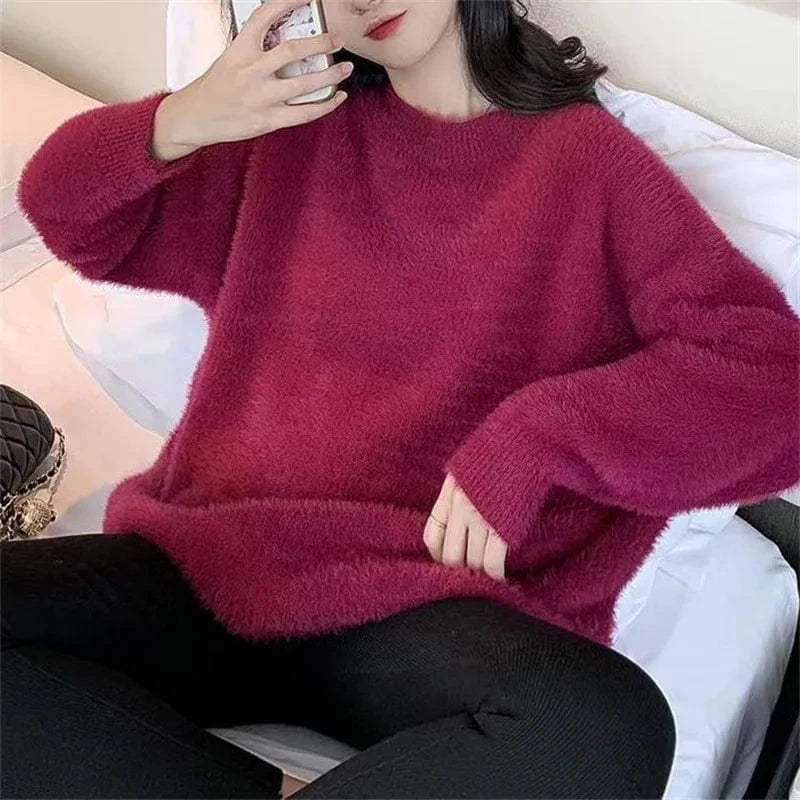 Plus Size / Brick red 2024 Autumn/Winter high quality round neck long sleeve loose thick fashion women's plush knit pullover sweater
