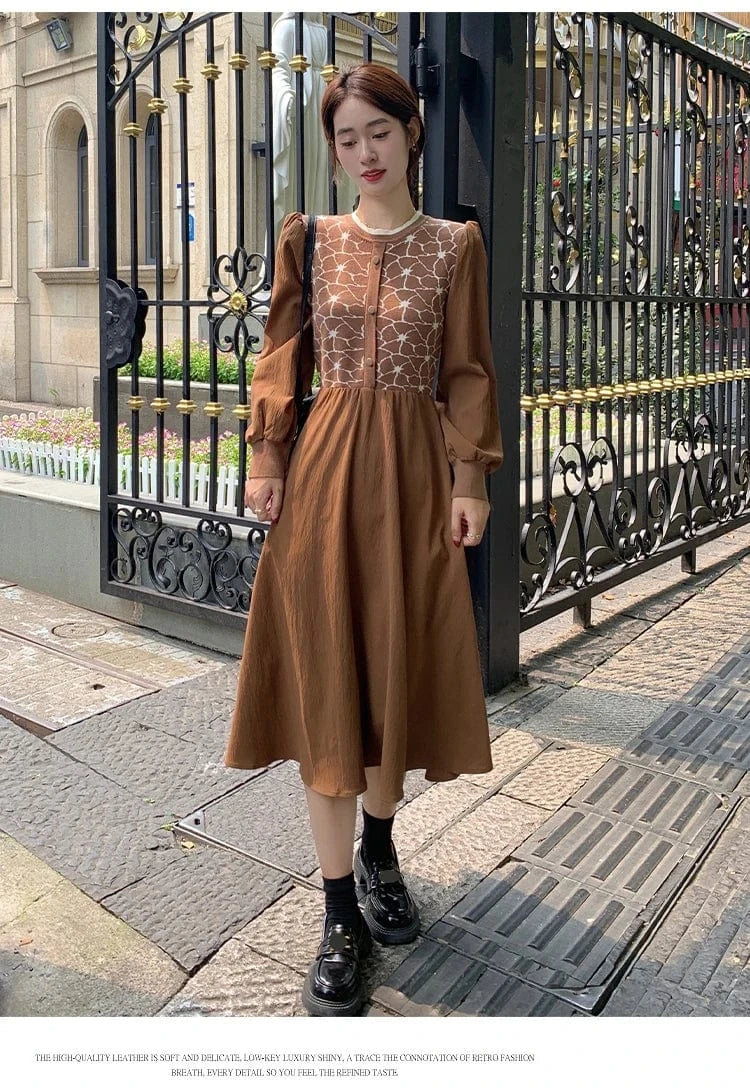 Plus Size / Brown 2024 Autumn new arrival women floral v-neck elevated belted waist knitted dress