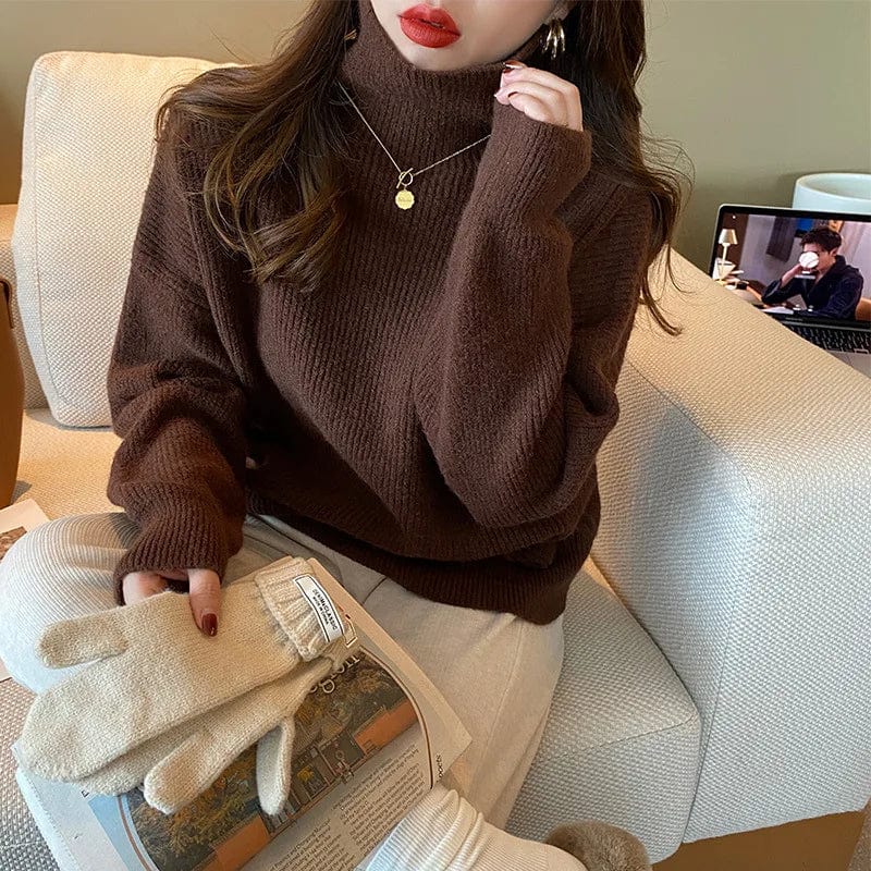 Plus Size / Brown 2024 spring high-quality fashion women best-selling solid color long-sleeved turtleneck loose pullover sweater