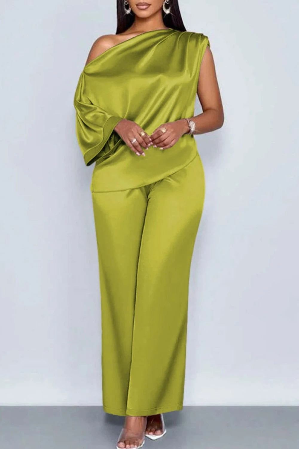 Plus Size Business Casual Green Elegant Oblique Collar Short Sleeve Pocket Satin Two Piece Pant Sets