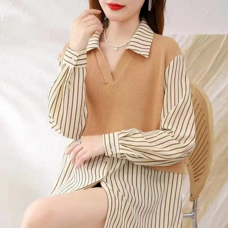 Plus Size / camel 2024 Spring and autumn best-selling fashion women's lapel long sleeve loose color jacquard pullover sweater