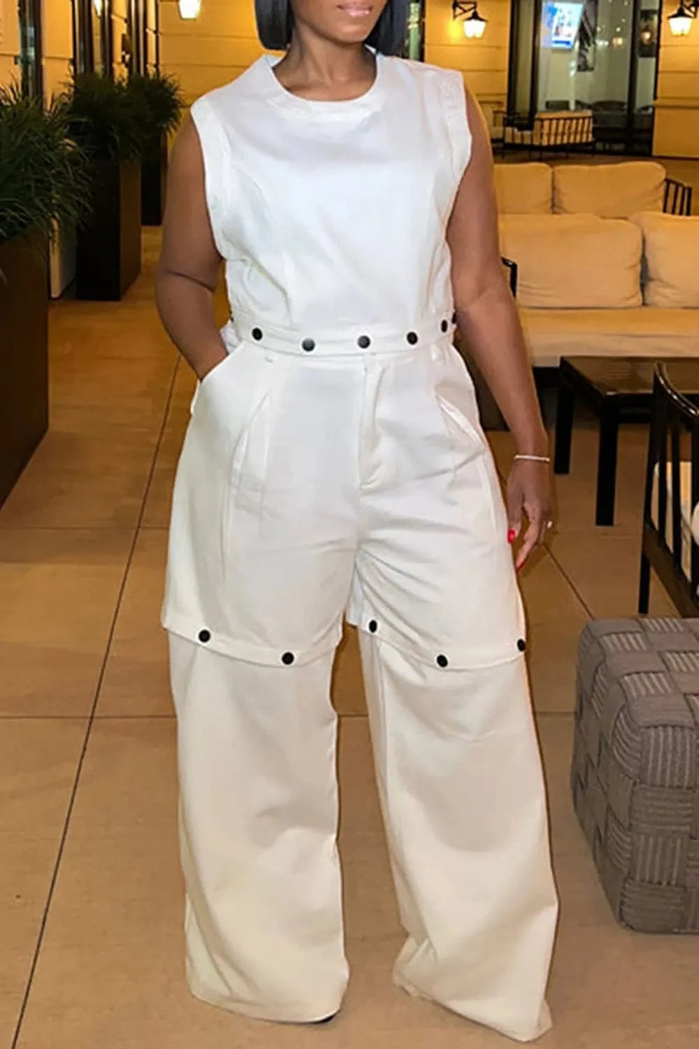 Plus Size Casual Pant Set White Round Neck Detachable Two Piece Pant Set With Pocket