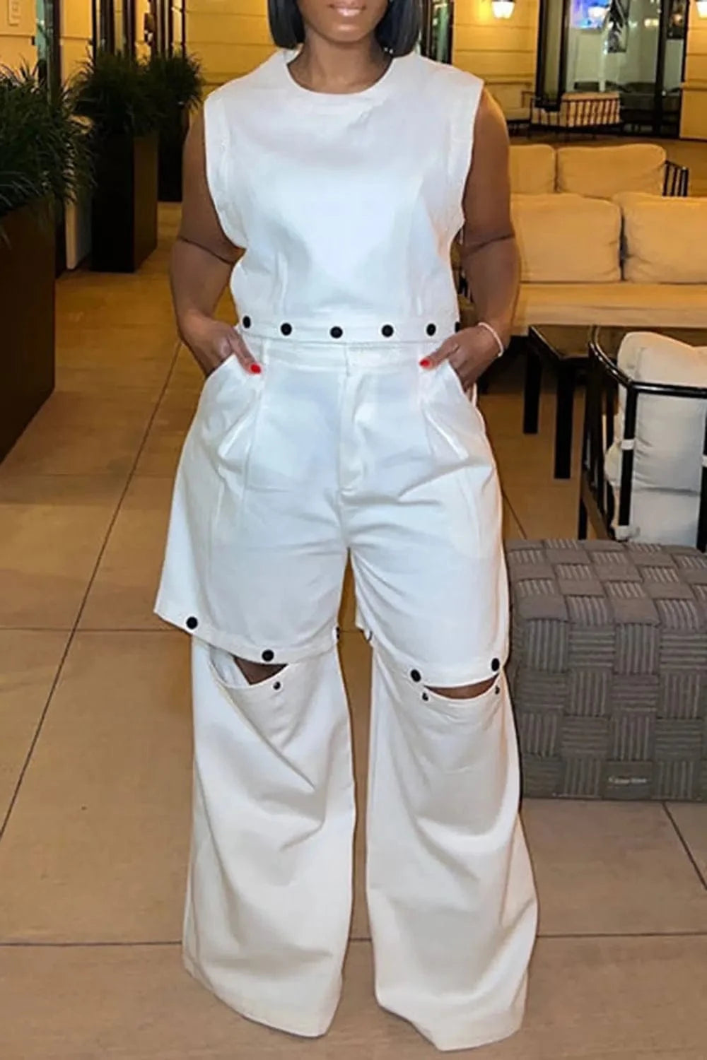 Plus Size Casual Pant Set White Round Neck Detachable Two Piece Pant Set With Pocket