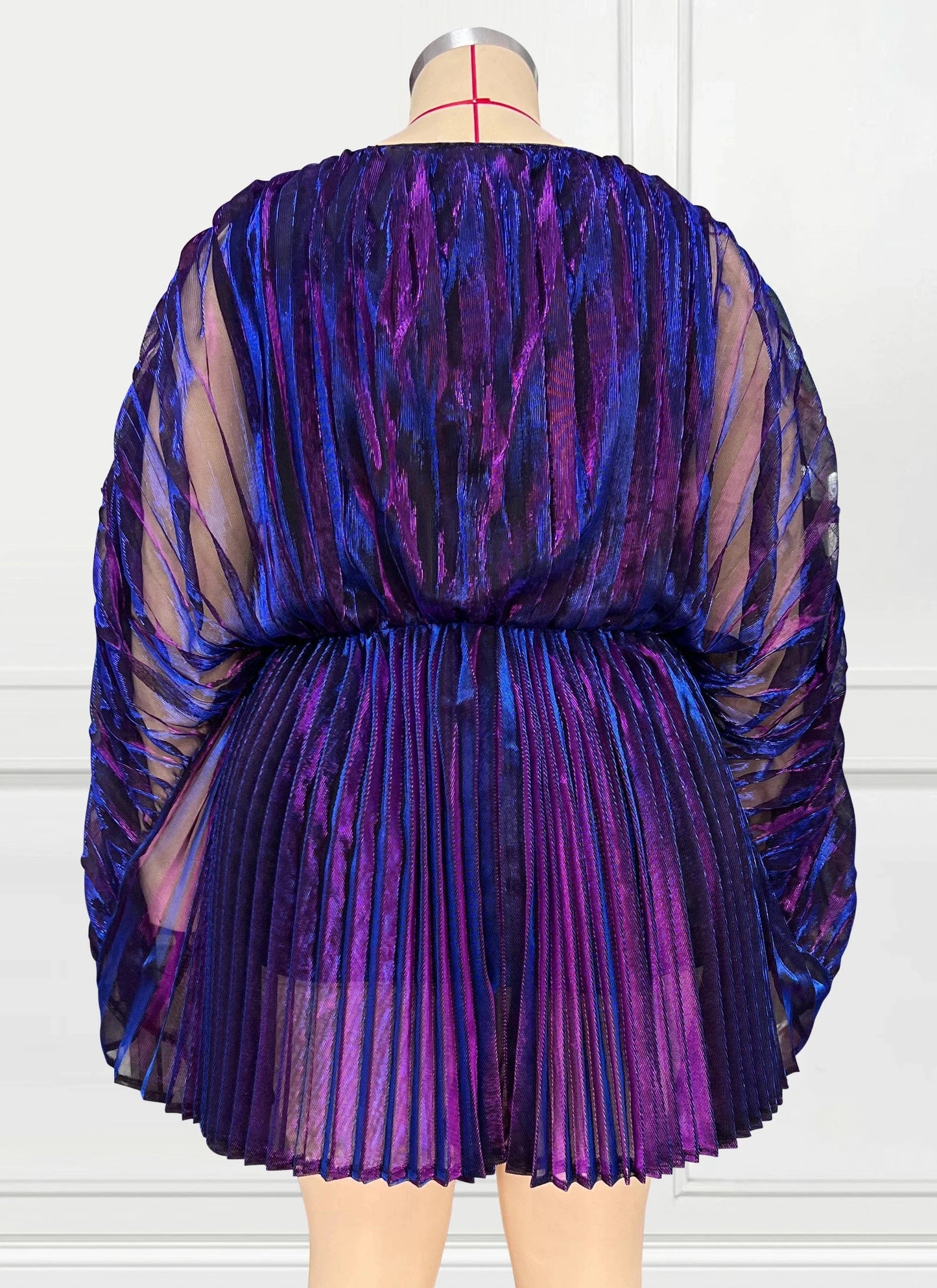 Plus Size Cocktail Party Batwing Sleeves Pleated Metallic Reflective V Neck Mini Dress