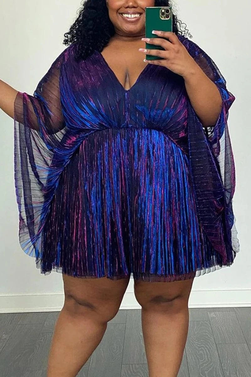 Plus Size Cocktail Party Batwing Sleeves Pleated Metallic Reflective V Neck Mini Dress