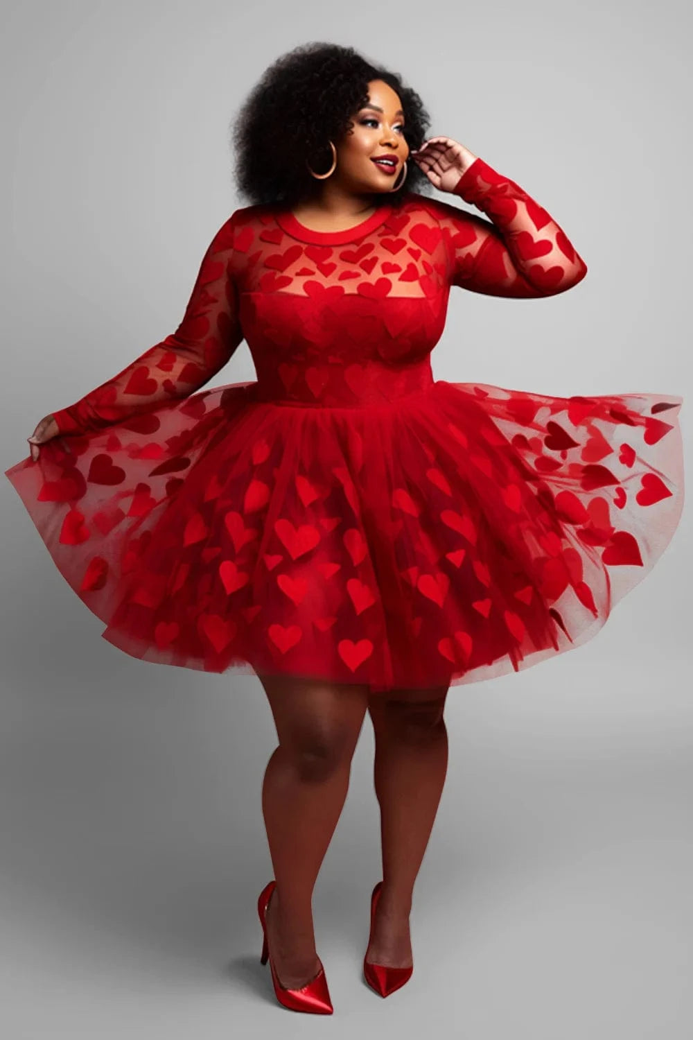 Plus Size Cocktail Party Red Graphic Round Neck Long Sleeve See Through Tulle Mini Dresses