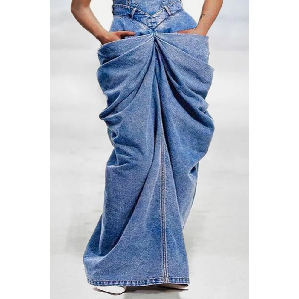 Plus Size Daily Dress Blue Bow Overalls Fold Maxi Dress 2025 New Sleeveless Denim Long Dresses - SN Wigs & More