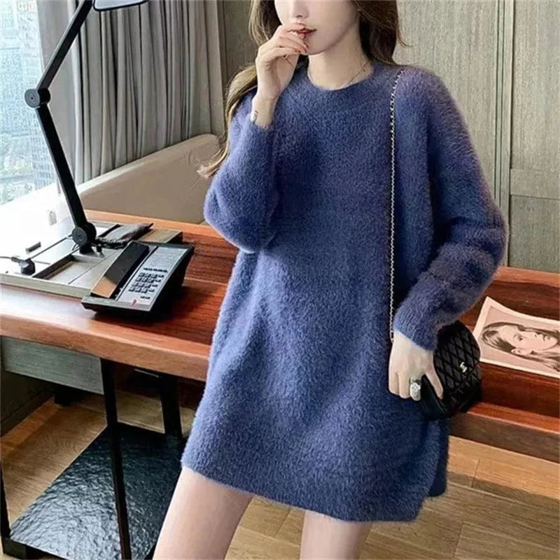 Plus Size / Dark blue 2024 Autumn/Winter high quality round neck long sleeve loose thick fashion women's plush knit pullover sweater