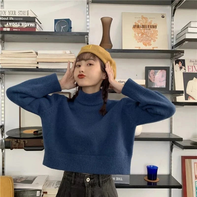 Plus Size / Dark blue 2024 Spring and autumn best-selling high-quality fashion women's solid color two-lapel long-sleeved loose knit pullover sweater