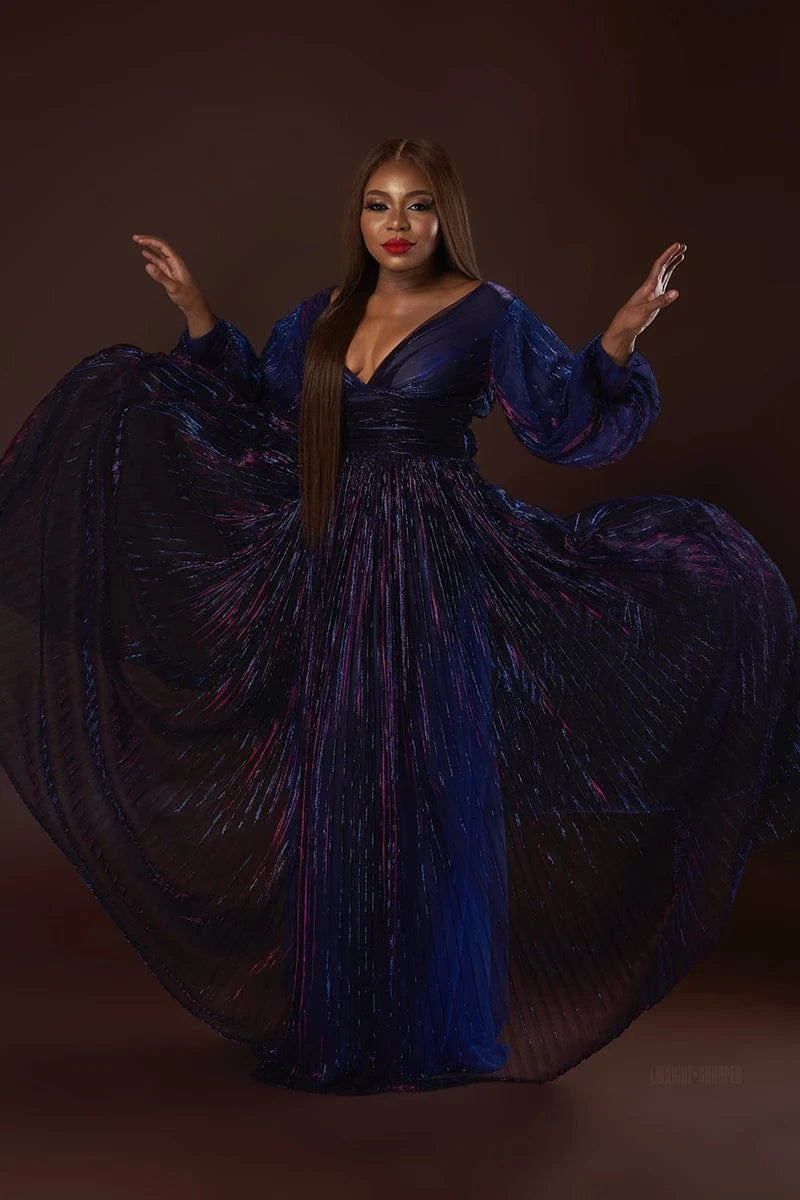 Plus Size Formal Multicolor Pleated V Neck Long Sleeves Maxi Dress