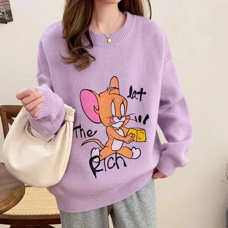 Plus Size / Fuchsia 2023 winter fashion ladies new arrival crew-neck printed long-sleeved plus size cartoon pullover sweater